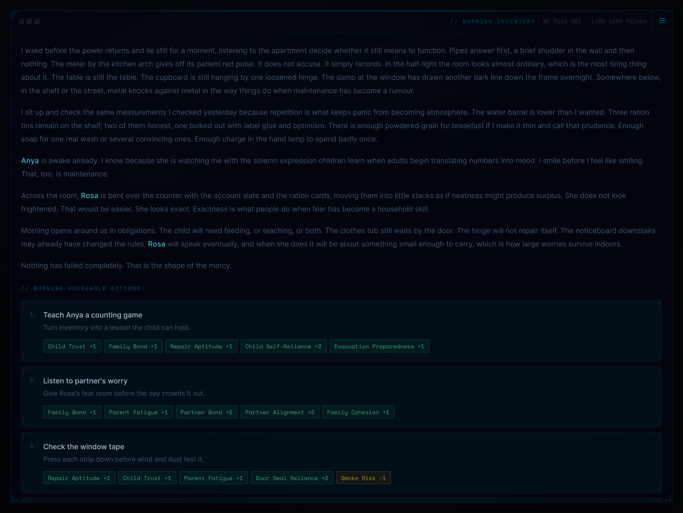 A Long Shadow decision screen displaying numbered choices.