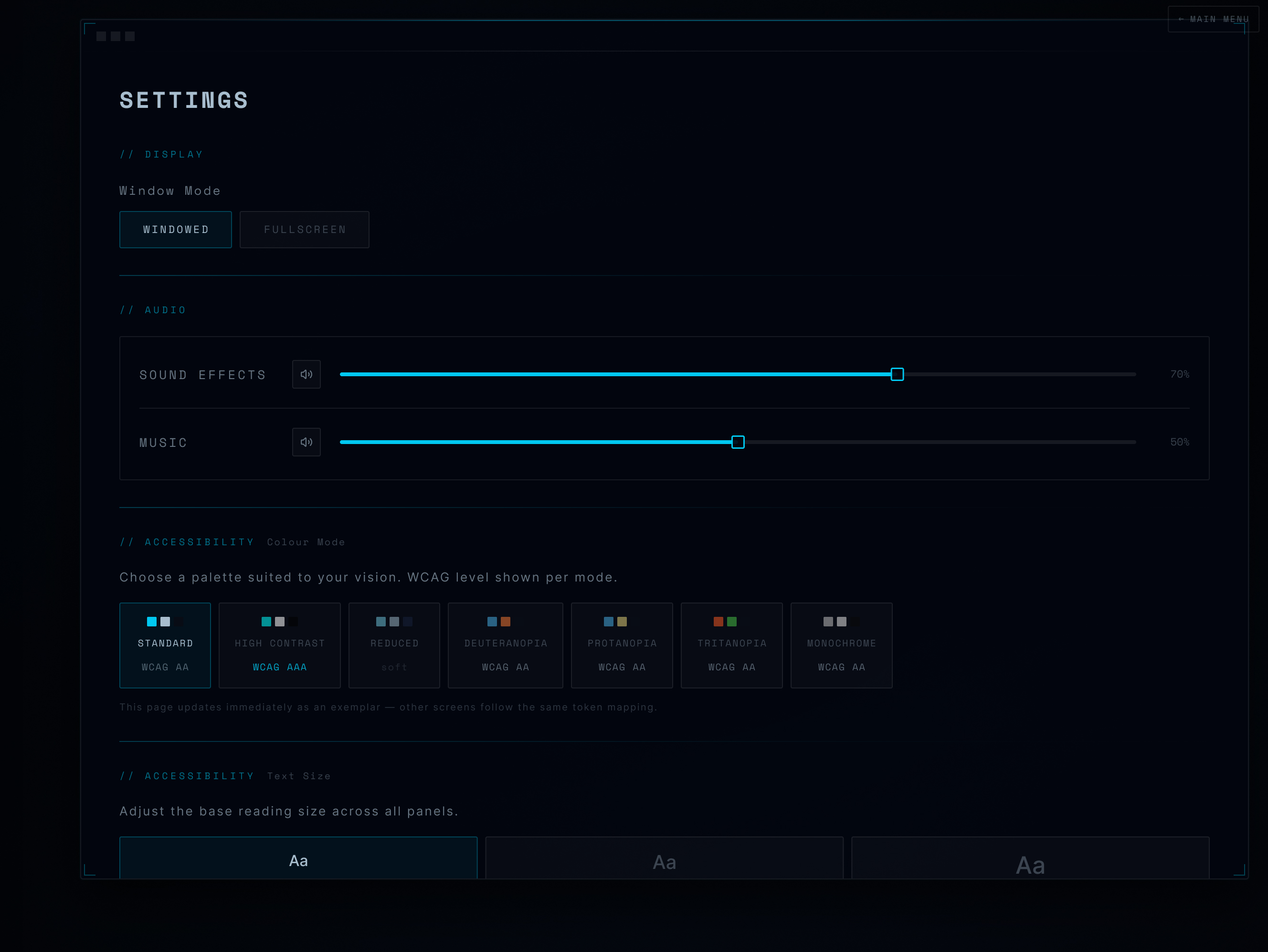 The Long Shadow settings screen displaying colour and accessibility options.