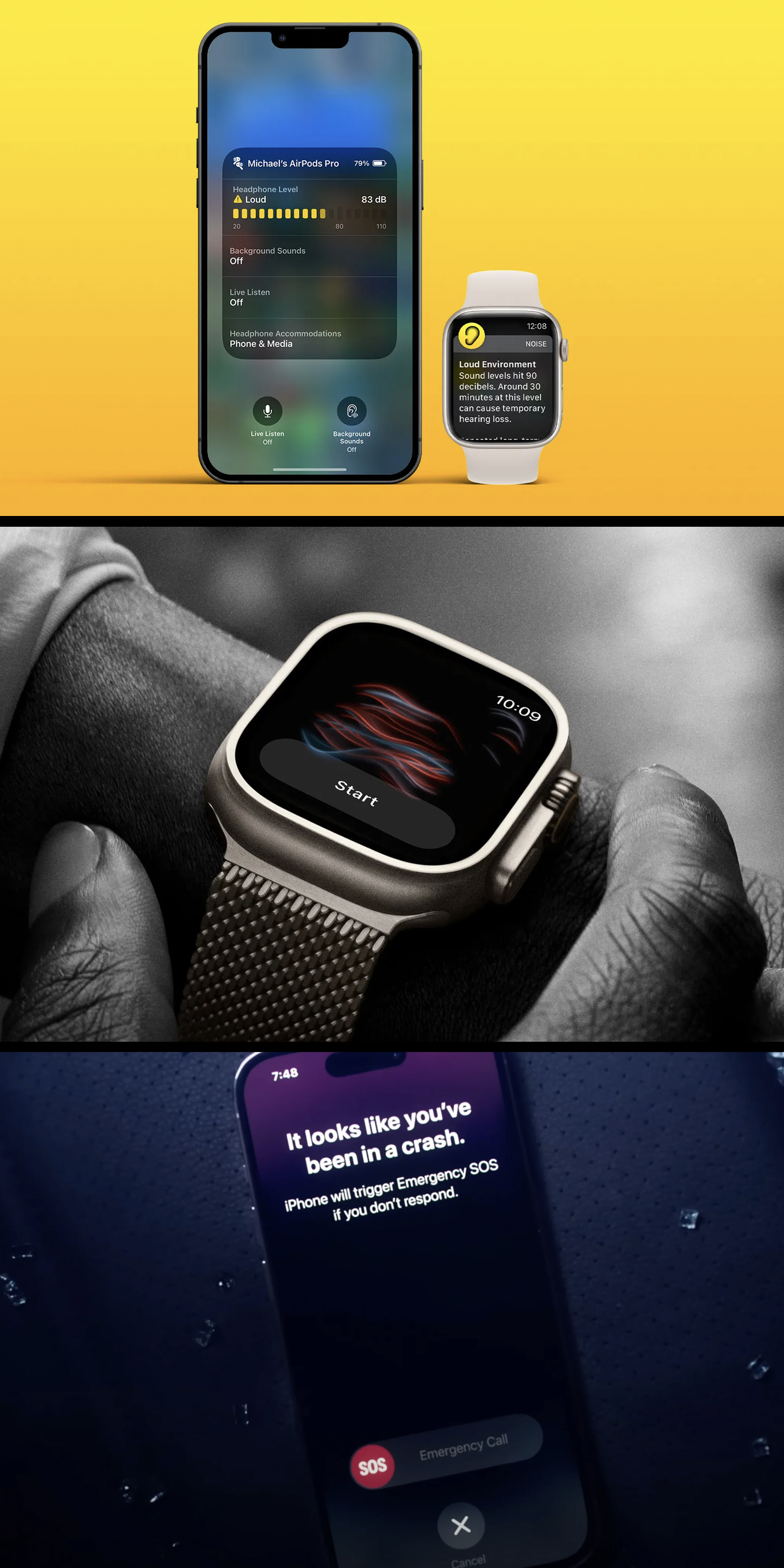Several stacked images showing hearing loss prevention notifications and summaries on iPhone and Apple Watch, blood oxygen monitoring on Apple Watch Ultra and an iPhone showing a car crash detection warning on a leather car seat.