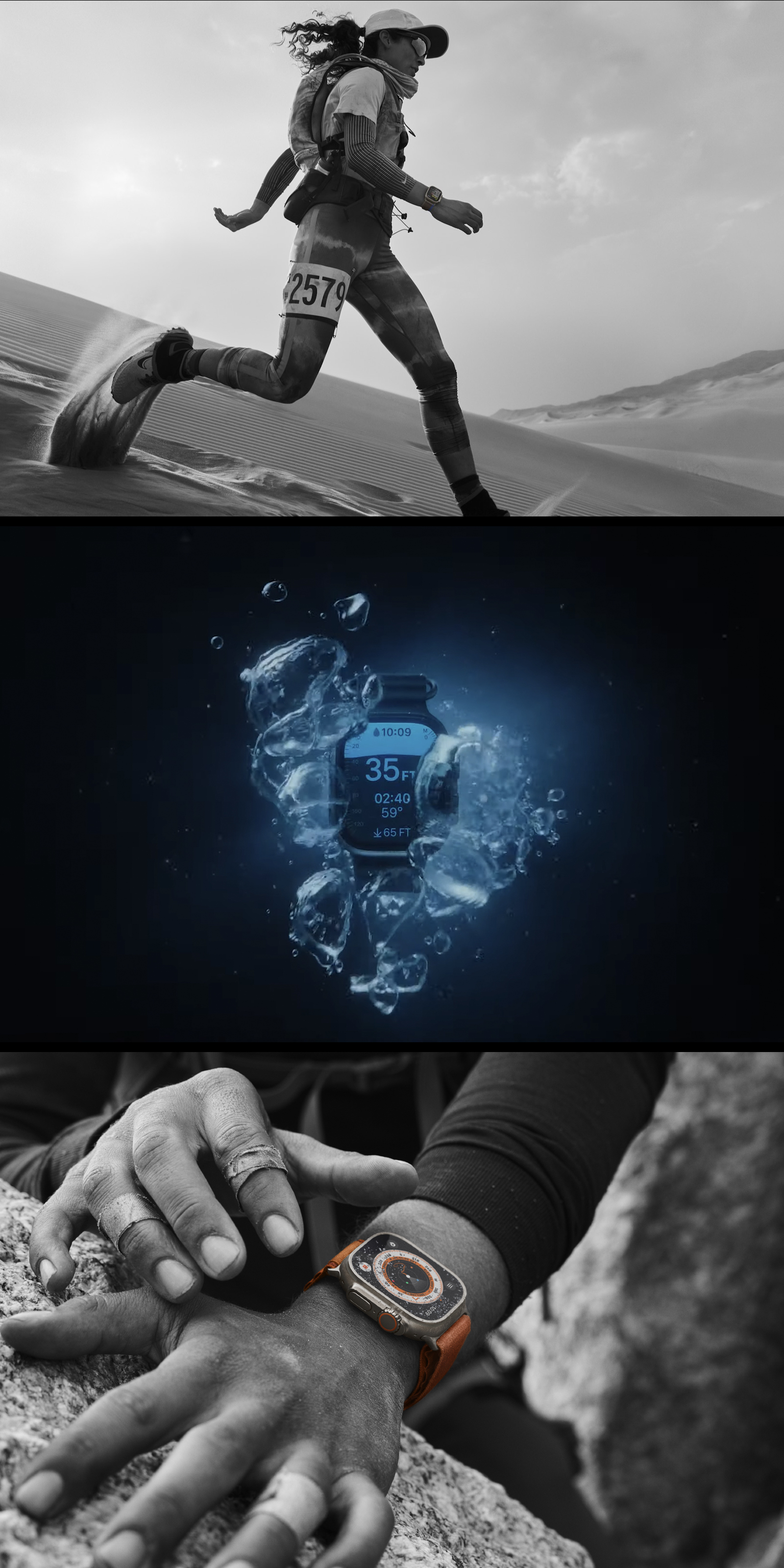 Stacked images showing a woman running with the Apple Watch Ultra, the watch underwater showing depth readouts and a rock climber using the watch