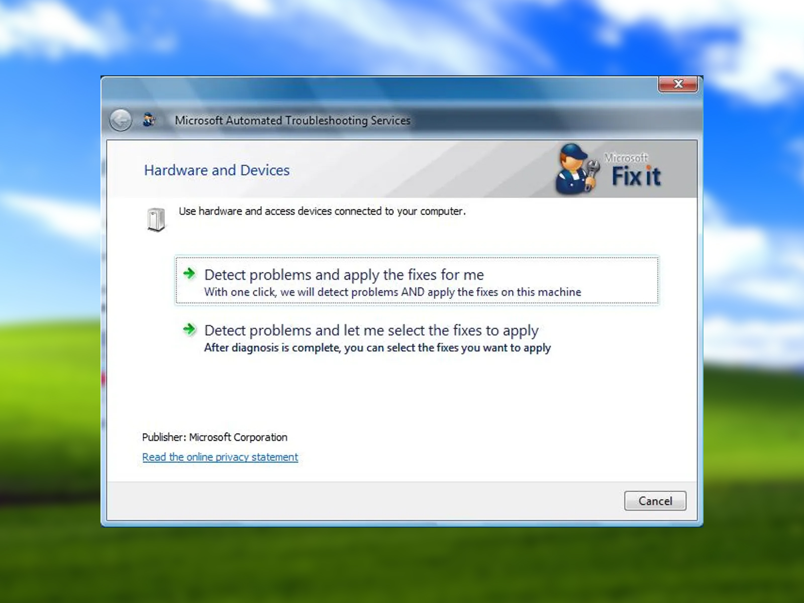 A screenshot of the Microsoft Fix It software