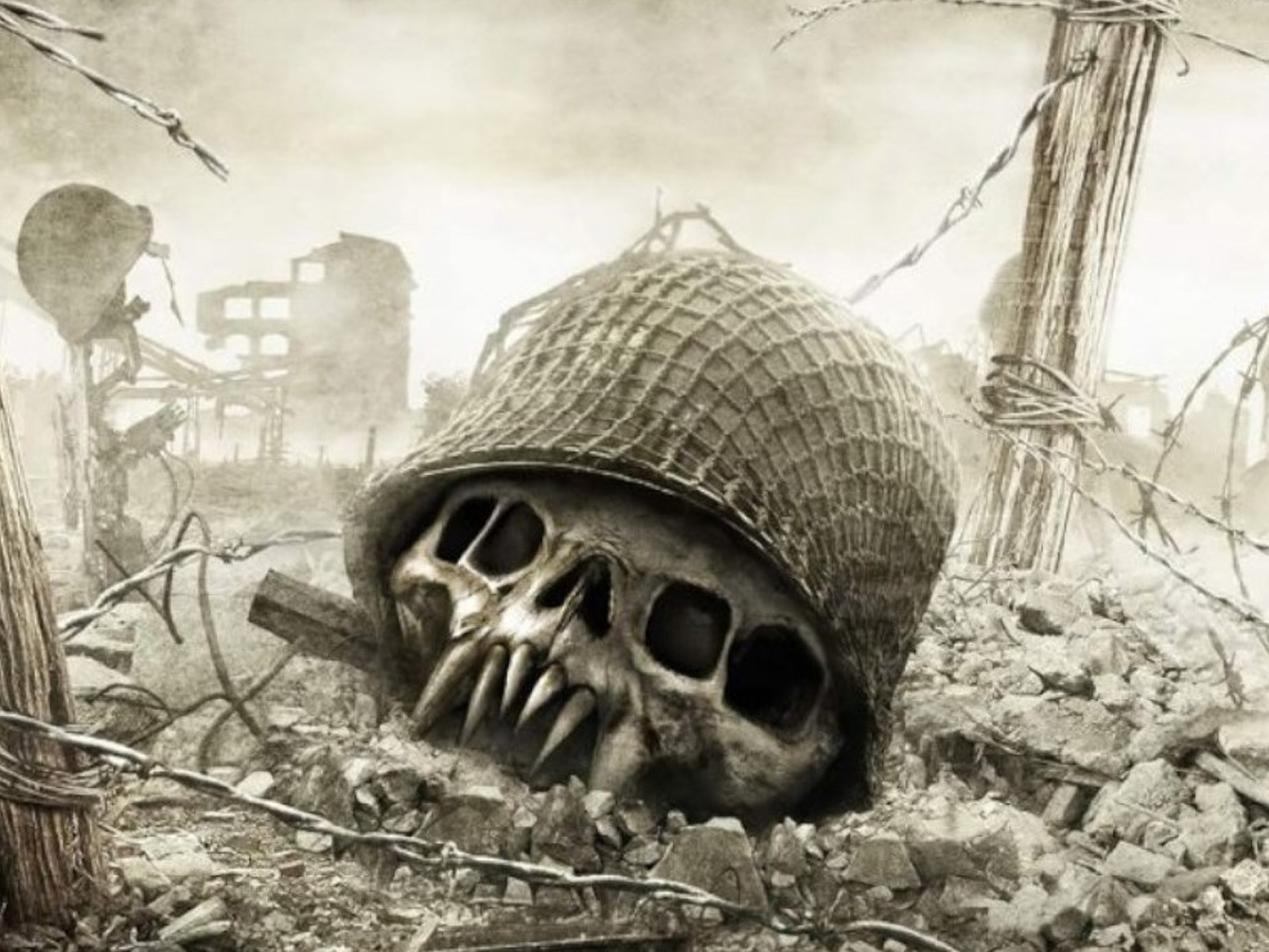 A marketing image of the game Resistance 2, showing an alien skull on a battlefield
