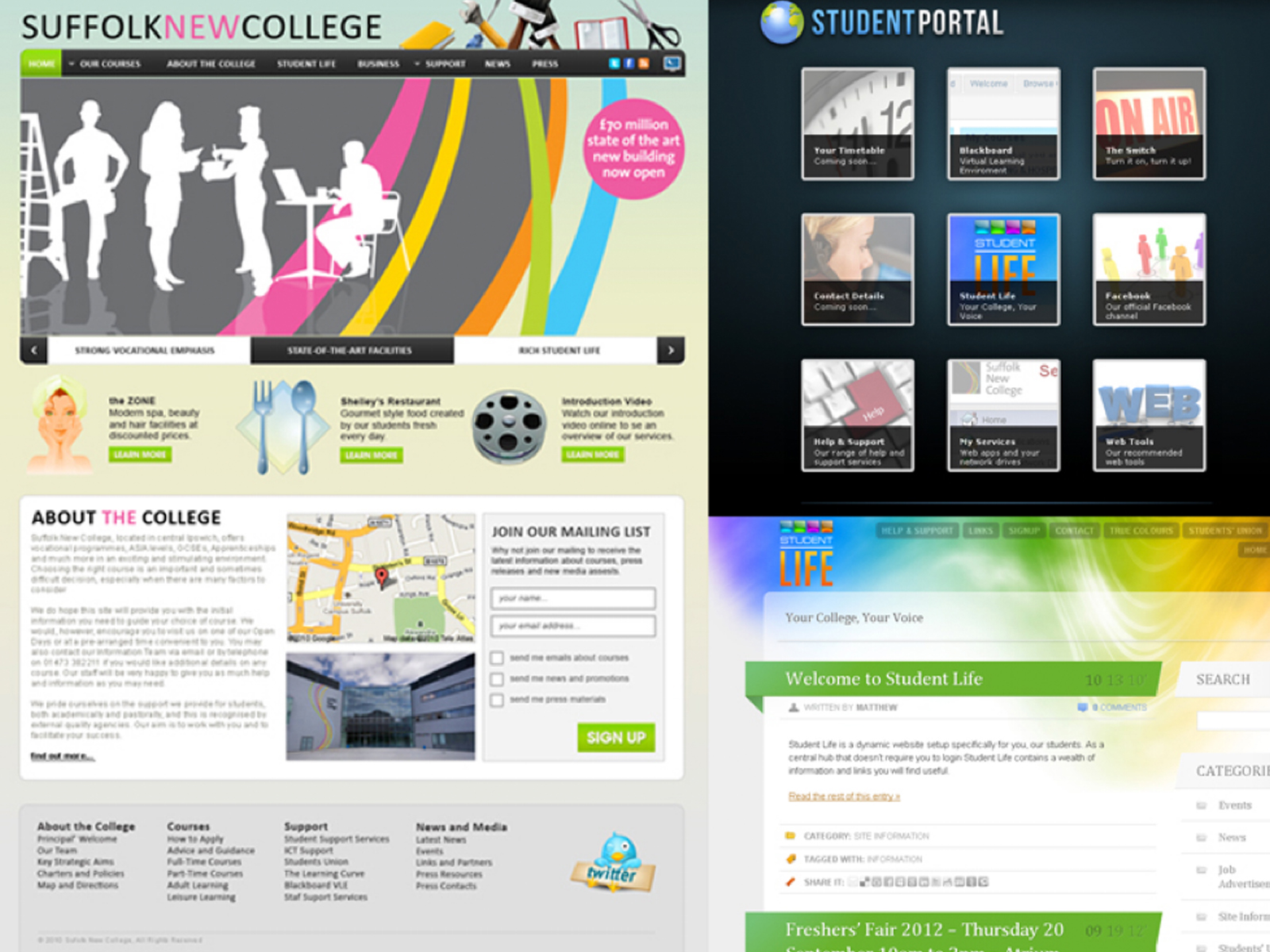 Screenshots of Suffolk New College website, student portal and blog