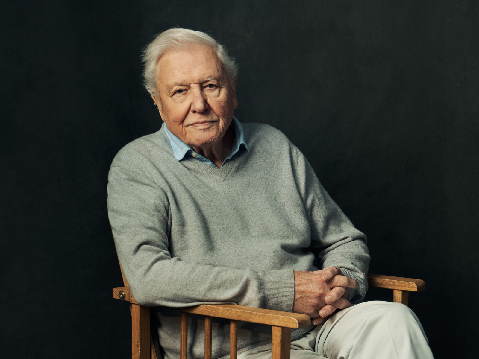 Sir David Attenborough sitting in a director's chair